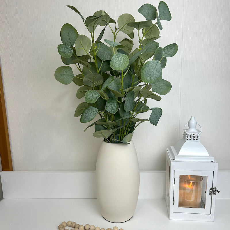 ARRANJO ALTO DE CERÂMICA BRANCO COM EUCALIPTOS VERDE CLARO 62AX32L/CM