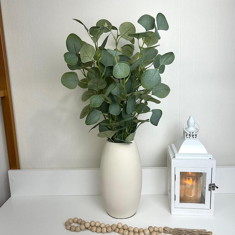 ARRANJO ALTO DE CERÂMICA BRANCO COM EUCALIPTOS VERDE CLARO 62AX32L/CM