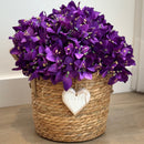 CESTO EM PALHA NATURAL COM ALÇAS FLORES DE BOUGANVILLES ROXAS 40AX40L/CM